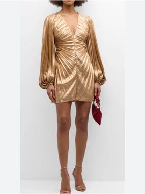 Acler Gold Metallic V-Neck Long-Sleeve Mini Dress